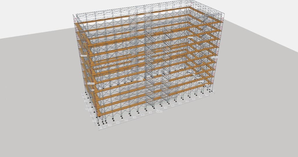 アプリで生成した足場の3Dプレビュー（複数段・スパン寸法付き）